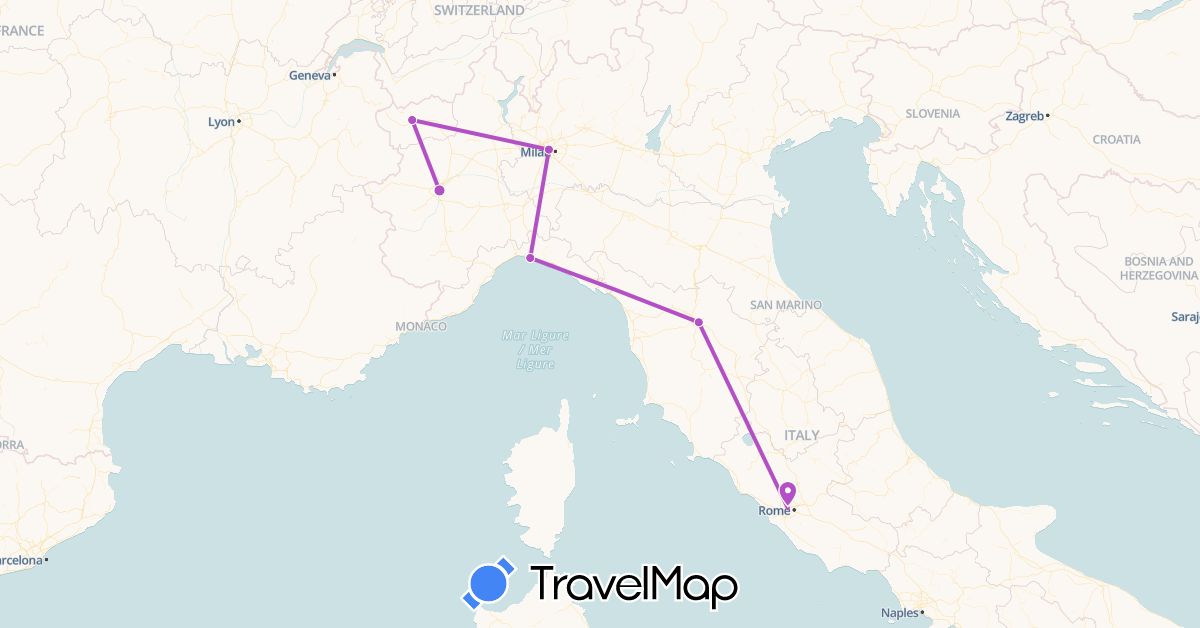 TravelMap itinerary: driving, train in Italy (Europe)